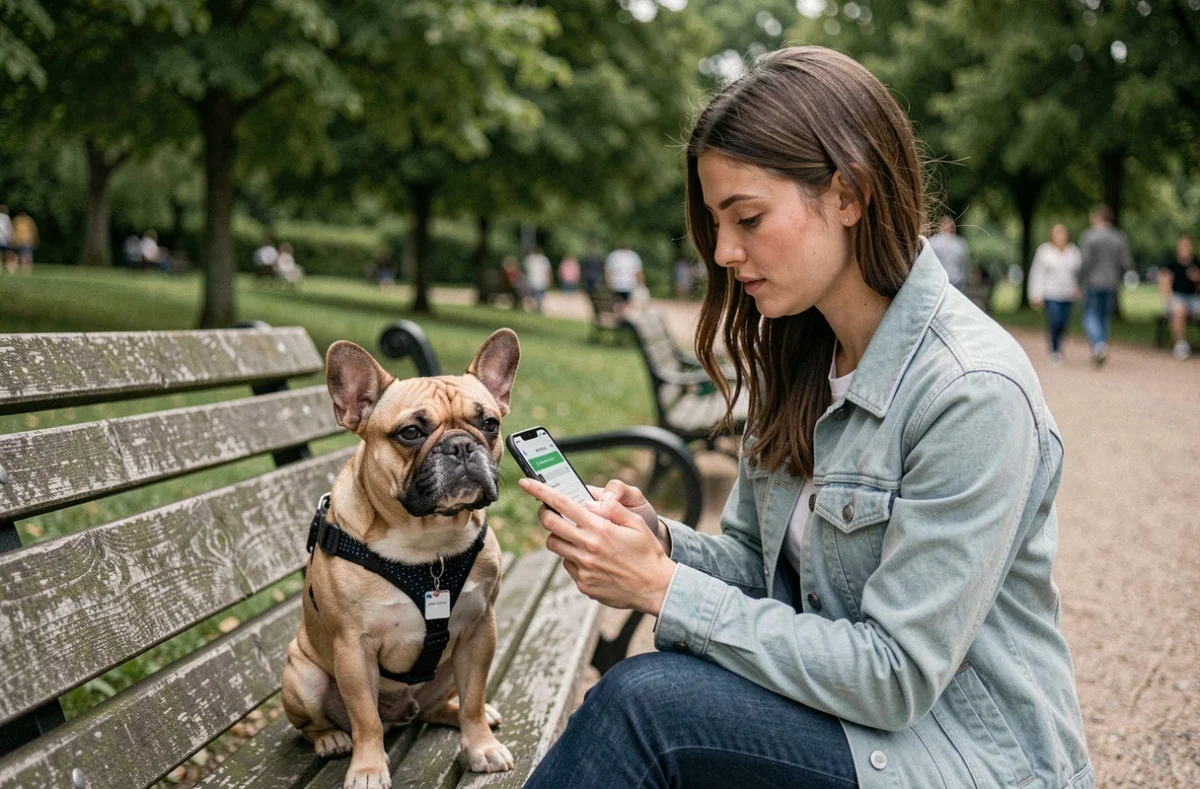 Jeune femme remplissant un formulaire de devis assurance chien sur son smartphone dans un parc avec son bouledogue français