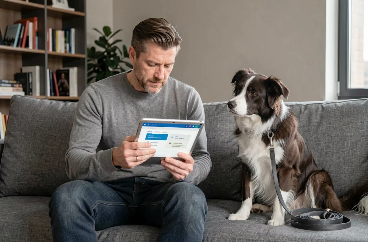 Homme consultant un comparateur d'assurance chien sur tablette avec son border collie assis à côté de lui