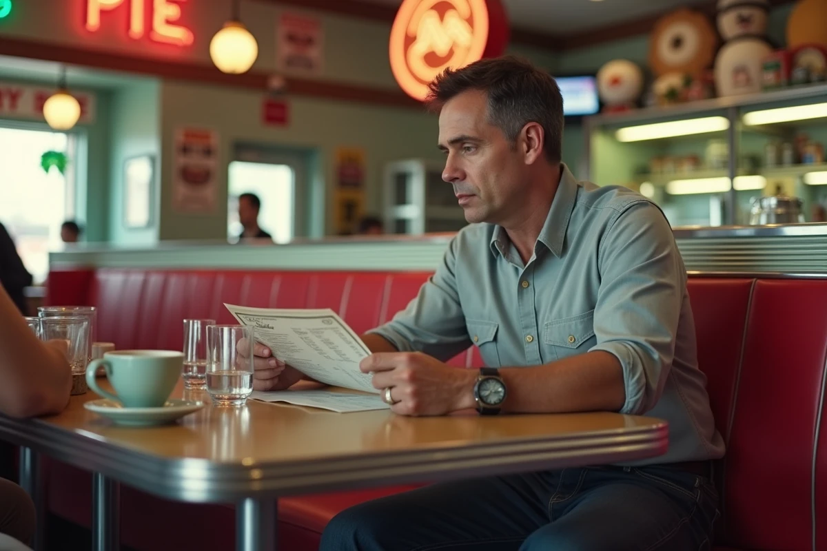 Homme consultant les prix d'un menu dans un diner américain typique pour estimer son budget voyage en dollars