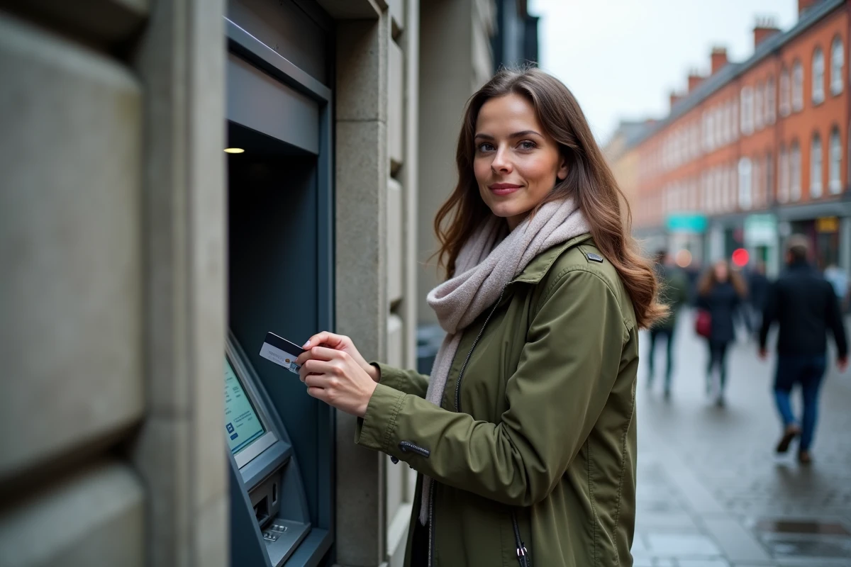 Femme retirant des euros à un distributeur automatique dans le centre-ville de Dublin, conseils pratiques argent