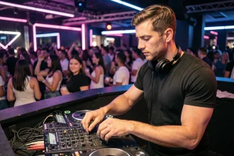 DJ professionnel derrière sa console dans une discothèque lors d'une résidence rémunérée