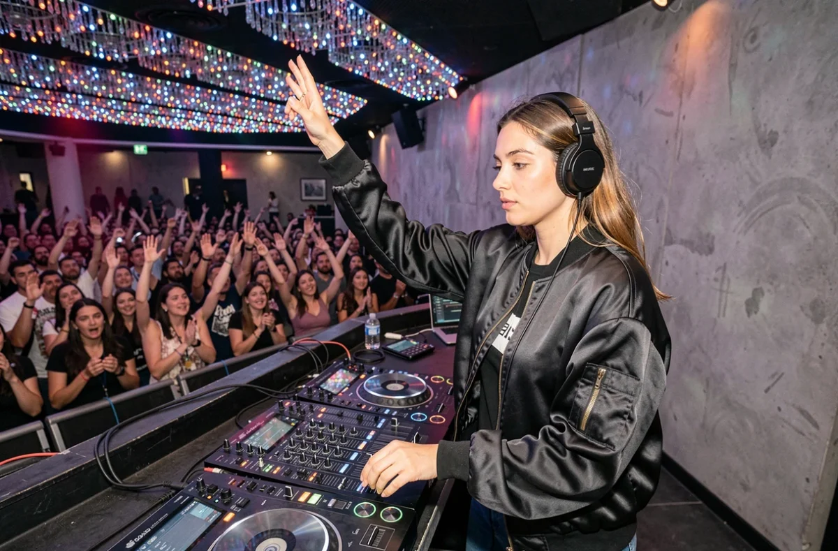 DJ femme en résidence dans une grande discothèque devant une foule animée