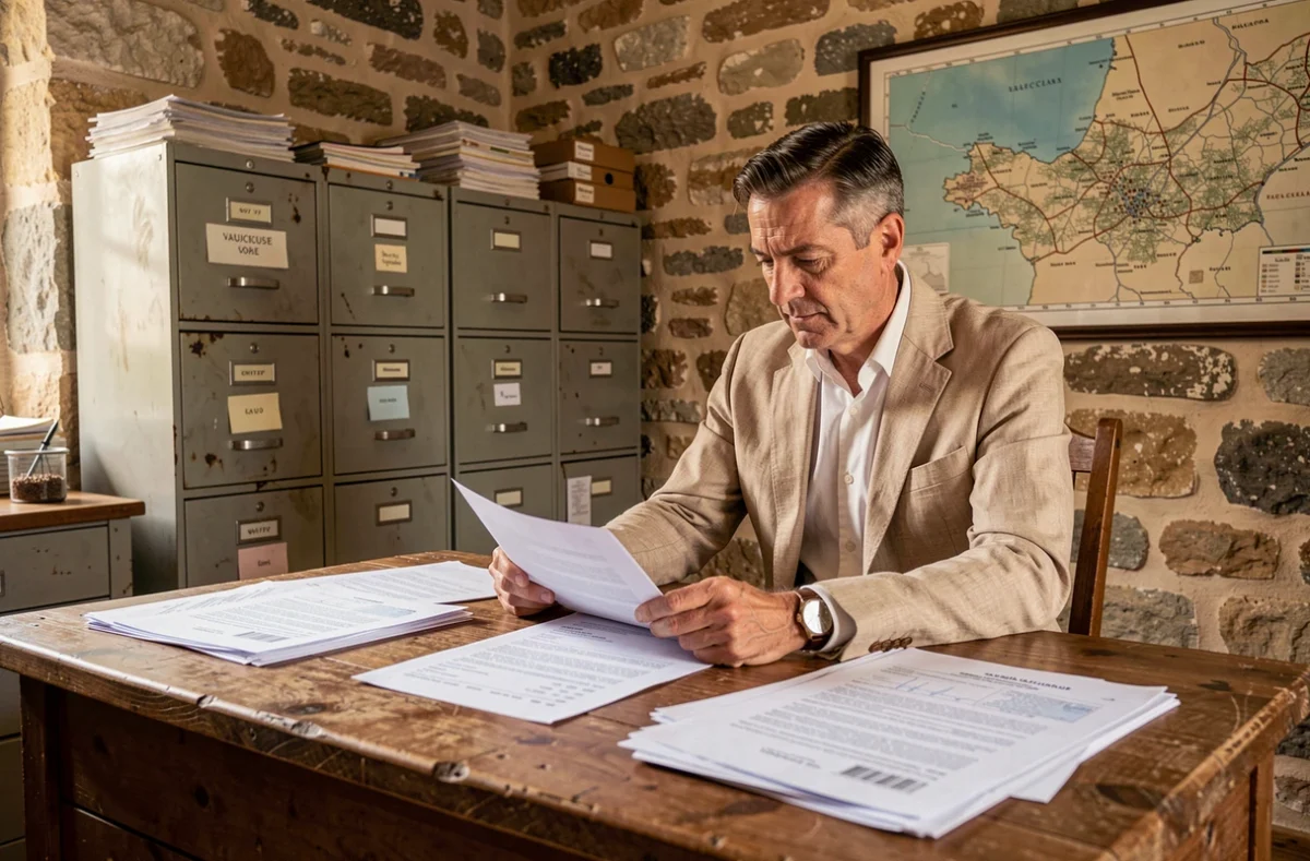 Courtier indépendant DP2A examinant des dossiers de prêt immobilier dans son bureau du Vaucluse