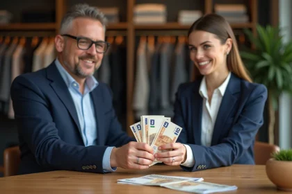 Homme d'affaires remettant des billets à une commerçante souriante