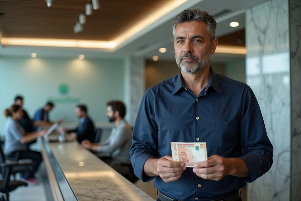 Homme échangeant des dirhams marocains en euros au guichet d'une banque moderne