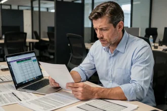 Un employé de bureau analyse ses fiches de paie et calculs d'heures supplémentaires sur son lieu de travail