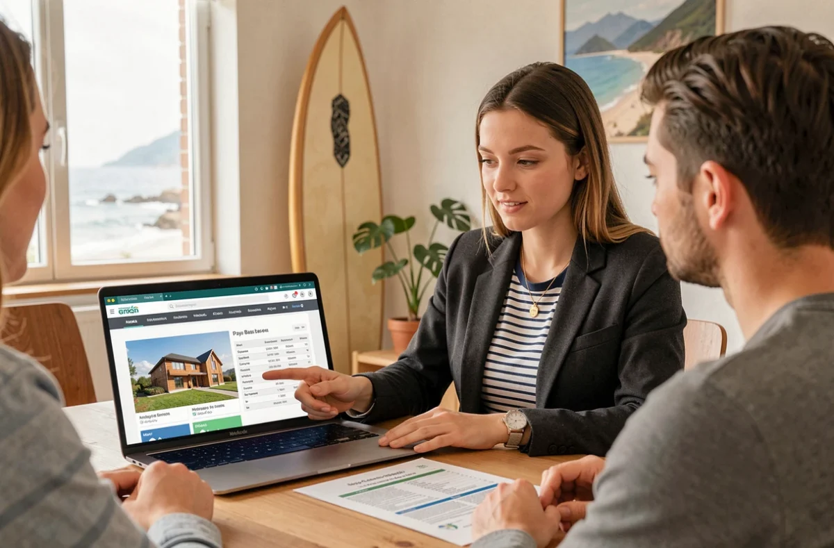 Conseillère Empruntis Pays basque présentant des offres de prêt immobilier à un couple dans une ambiance côtière