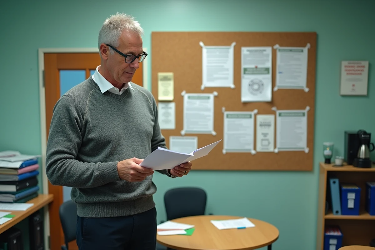 Enseignant masculin lisant des avis syndicaux et des plannings administratifs dans la salle des professeurs d'un établissement scolaire