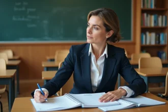 Enseignante consultant un calendrier et des documents administratifs dans une salle de classe vide, illustrant la planification du jour payé 2026