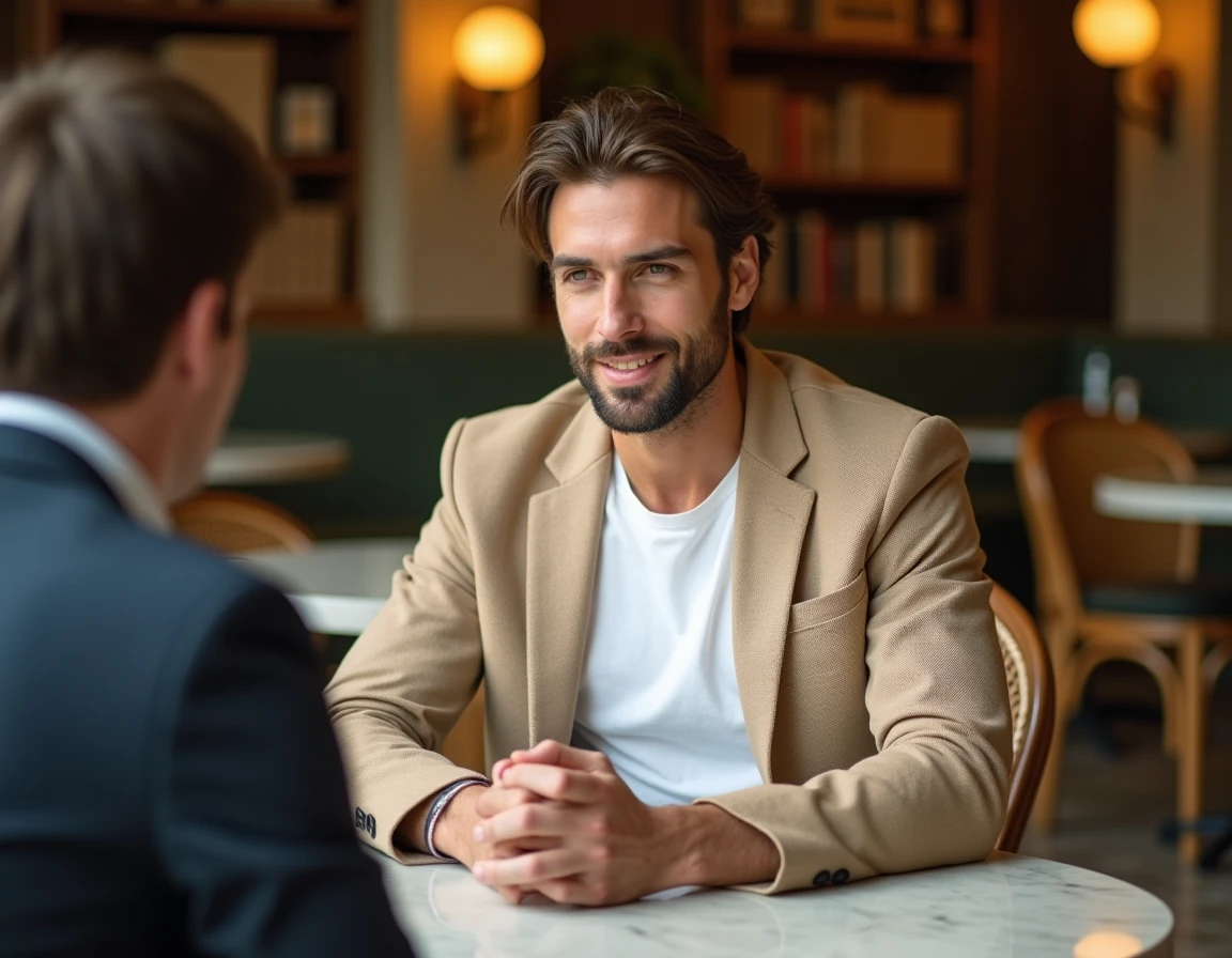 Entrepreneur français en interview dans un café parisien élégant, évoquant le parcours de réussite d'un fondateur de plateforme de gestion de patrimoine