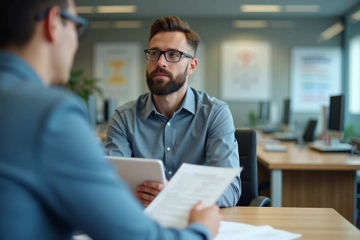 Homme en entretien avec un conseiller Pôle emploi dans une agence moderne, discutant des conditions de durée de travail pour bénéficier des allocations chômage
