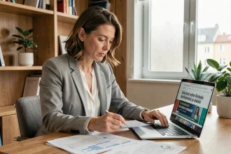 Une épargnante française consulte des informations financières tchèques sur son ordinateur portable dans un bureau moderne à domicile