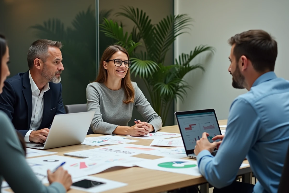 Équipe de gestionnaires de crédit européens analysant des rapports de risque ESG lors d'une réunion en salle de conférence