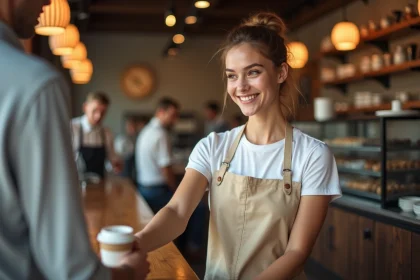 Étudiante travaillant comme barista dans un café en Suisse, illustrant un job temporaire rémunéré au salaire minimum