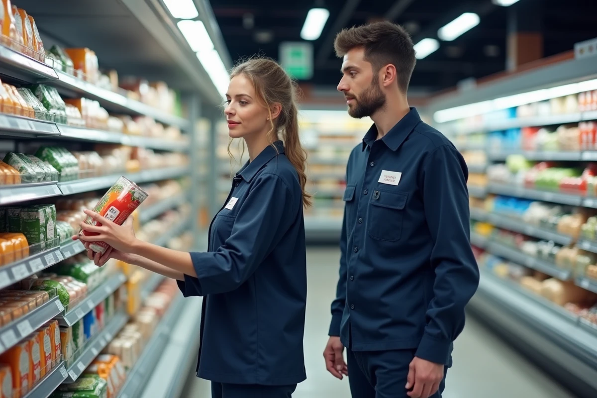 Deux étudiants en uniforme réapprovisionnant des rayons dans un supermarché suisse, illustration du travail temporaire au salaire minimum légal