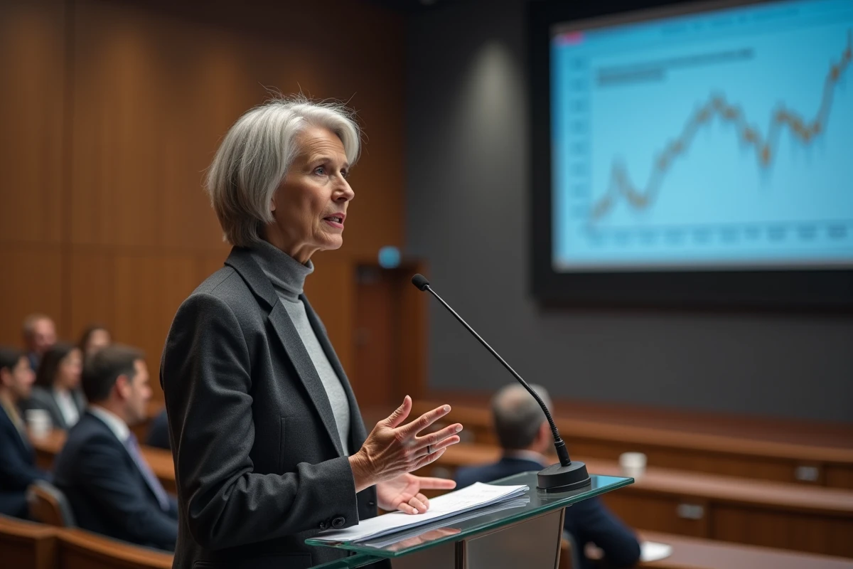 Experte en politique économique prenant la parole lors d'une conférence professionnelle devant un graphique macroéconomique projeté