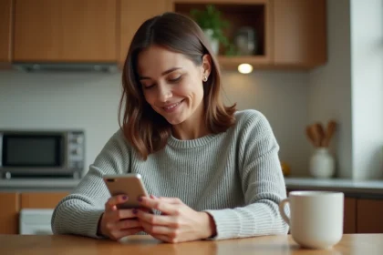 Femme utilisant son smartphone pour faire des achats en ligne avec PayPal sur Amazon, assise dans une cuisine moderne
