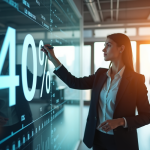 Femme d'affaires écrivant chiffres clés avec 40 pour cent dans un bureau moderne