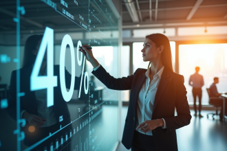 Femme d'affaires écrivant chiffres clés avec 40 pour cent dans un bureau moderne