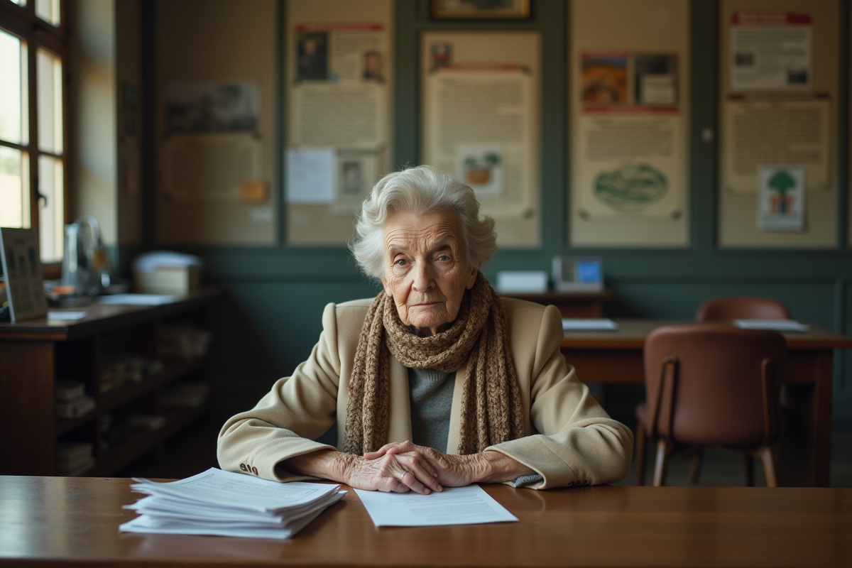 Femme âgée dans une banque rurale française