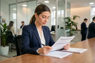 Femme consultant des documents bancaires dans une agence CIC moderne, comparant les offres de compte courant
