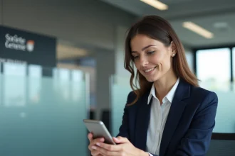 Femme professionnelle en agence Société Générale consultant son téléphone pour choisir le bon forfait bancaire