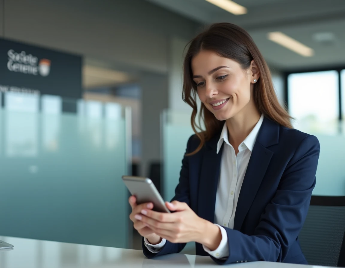 Femme professionnelle en agence Société Générale consultant son téléphone pour choisir le bon forfait bancaire