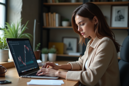 Femme analysant graphiques Ethereum sur son ordinateur