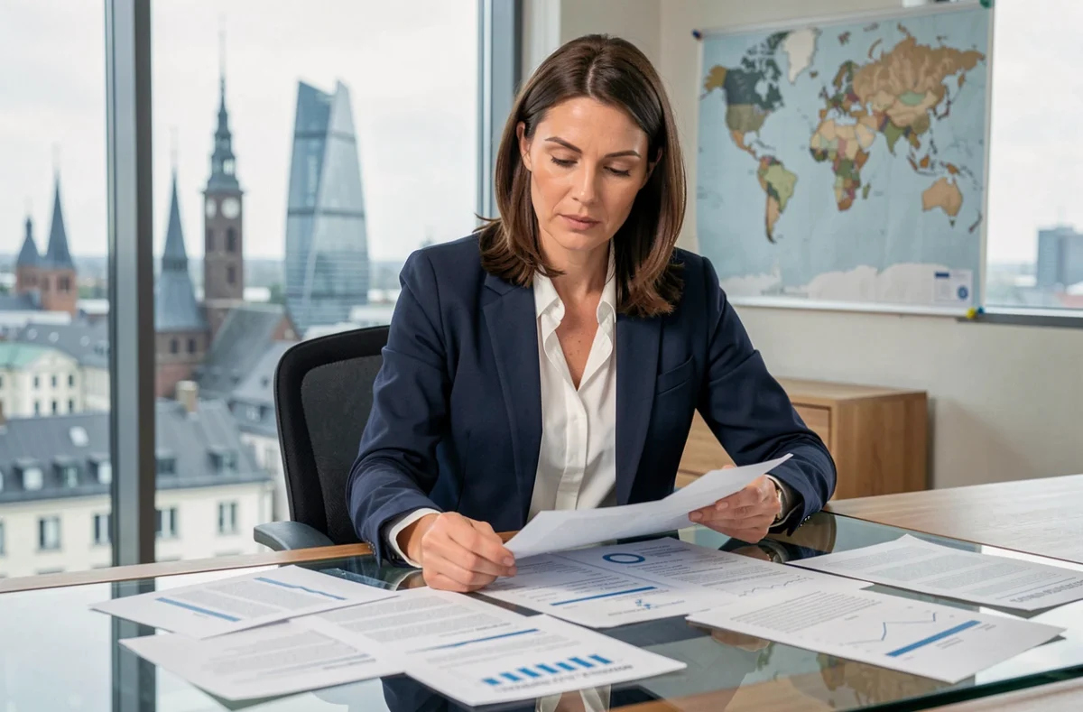 Femme cadre analysant des documents financiers liés aux SCPI internationales dans un bureau avec vue sur une métropole européenne