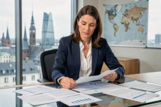 Femme cadre analysant des documents financiers liés aux SCPI internationales dans un bureau avec vue sur une métropole européenne