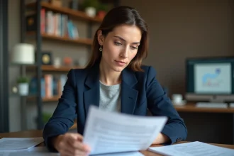 Femme analysant les tarifs bancaires de La Banque Postale pour 2026 dans un bureau à domicile