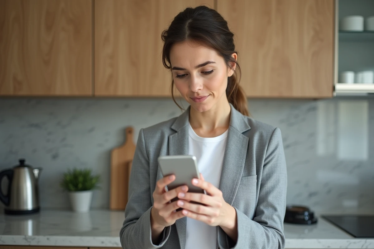 Femme consultant l'application mobile Banque Populaire pour résoudre un problème de connexion Cyberplus depuis sa cuisine