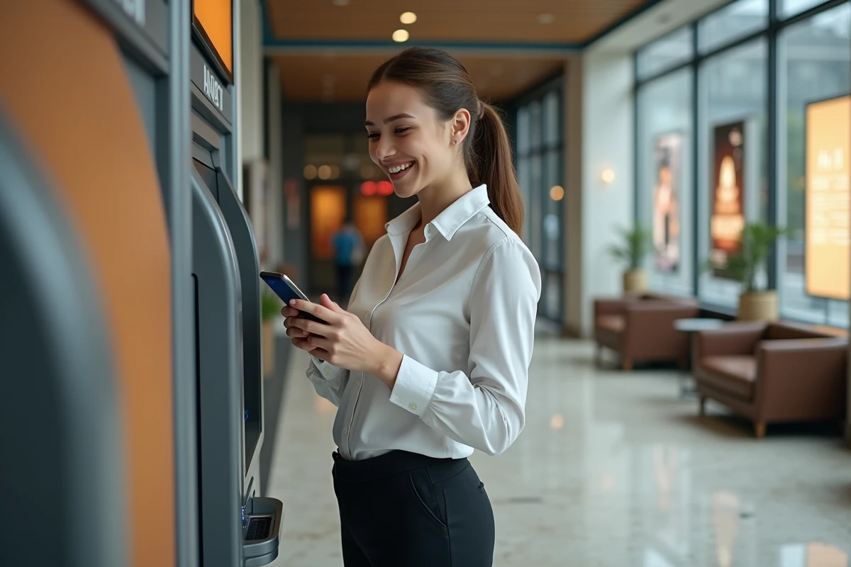 Femme souriante vérifiant son application bancaire à l