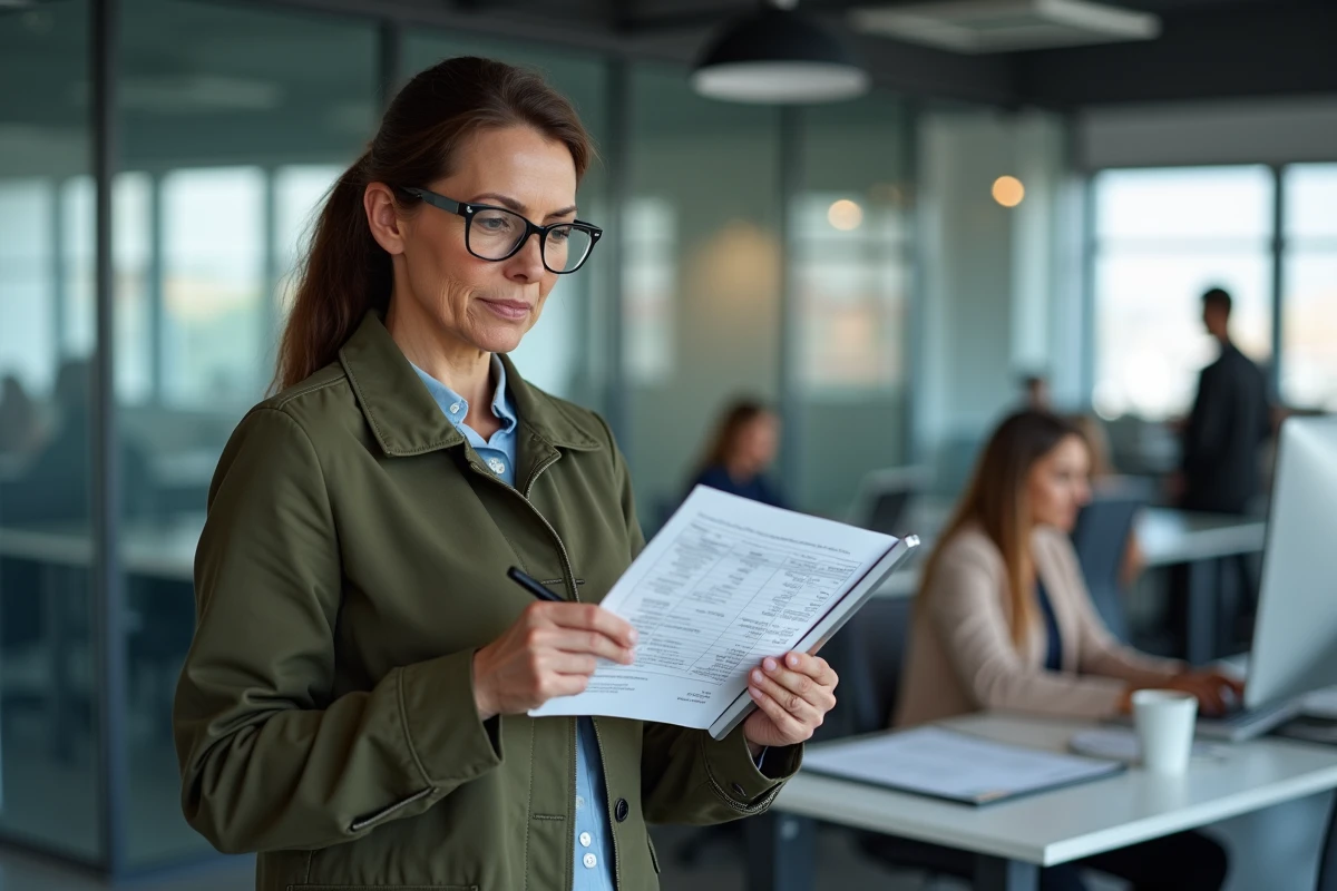 Femme auto-entrepreneuse comparant des relevés bancaires OLINDA dans un espace de coworking professionnel