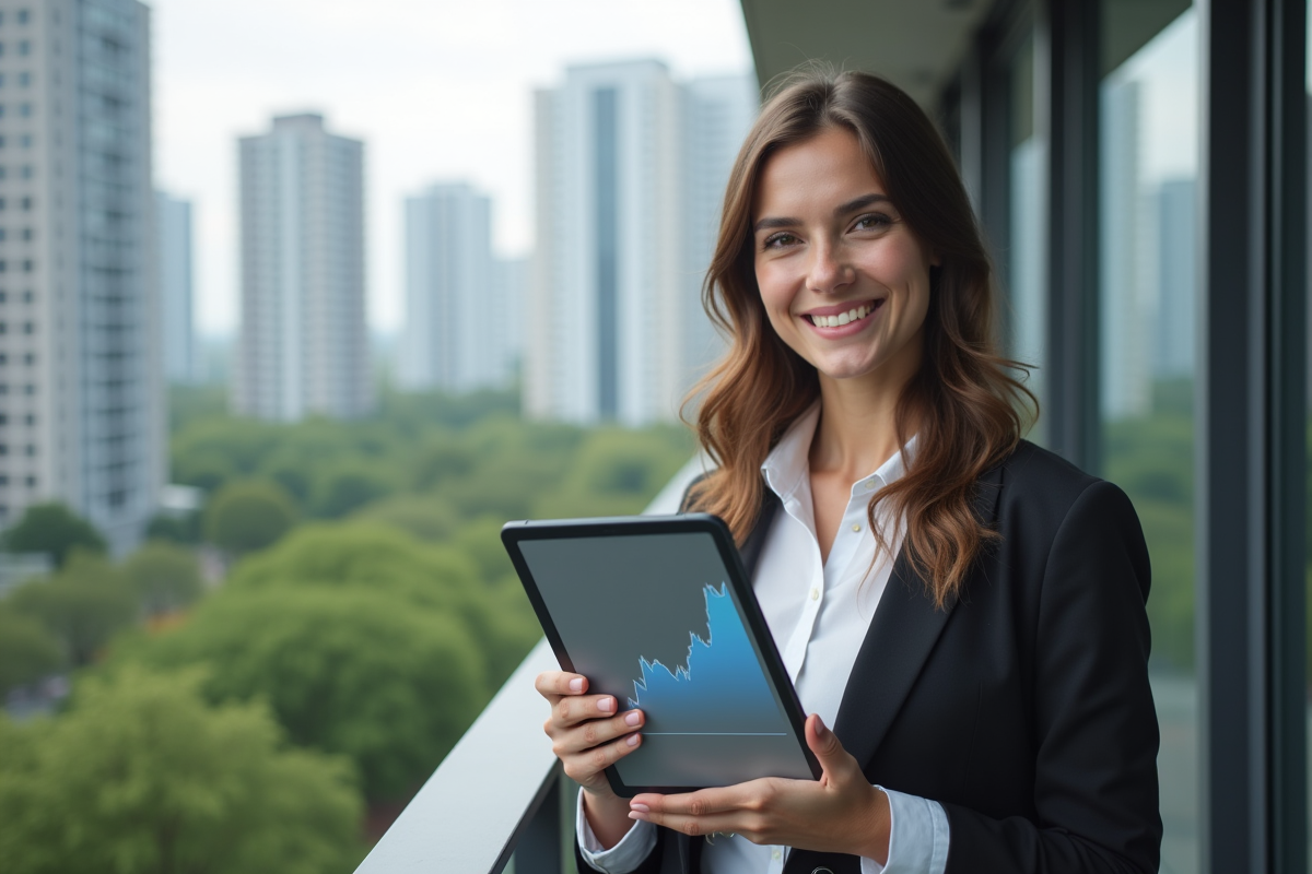 Femme souriante avec tablette sur balcon d