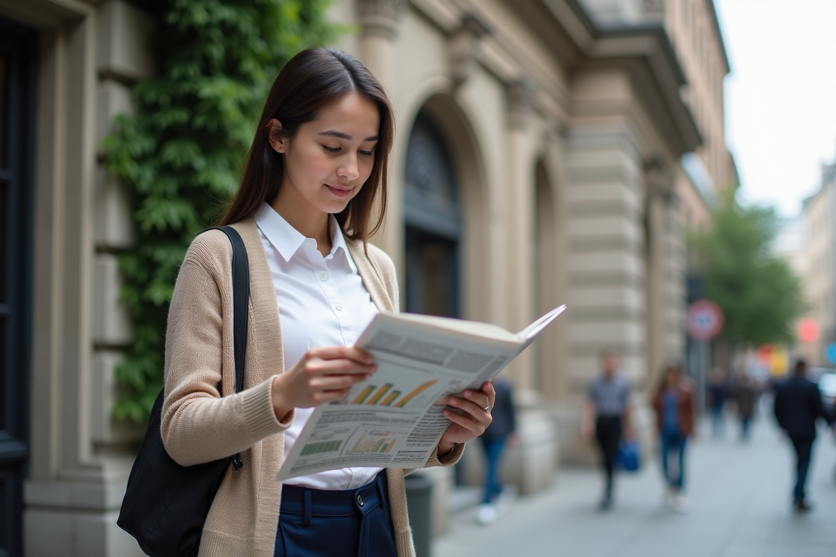 Jeune femme en extérieur vérifiant un journal financier devant une banque