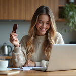 Jeune femme souriante utilisant un ordinateur pour le cashback