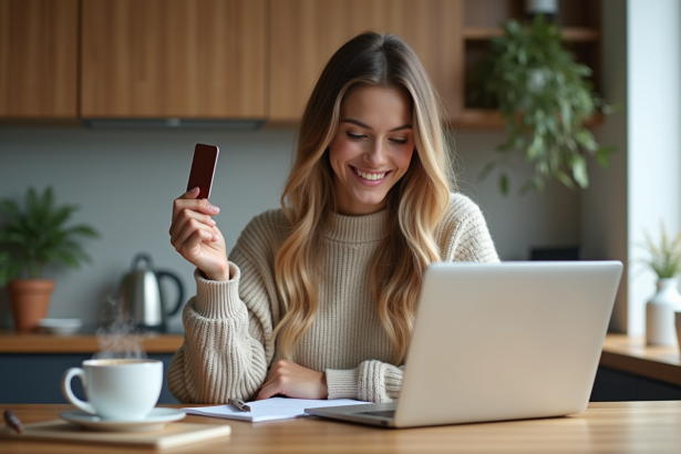 Jeune femme souriante utilisant un ordinateur pour le cashback