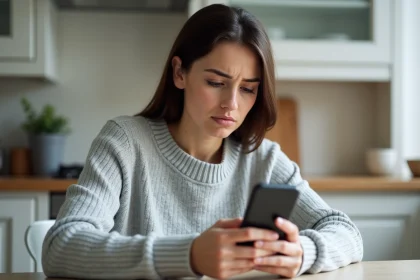 Femme utilisant l'application Caisse d'Epargne sur smartphone avec un message d'erreur affiché à l'écran