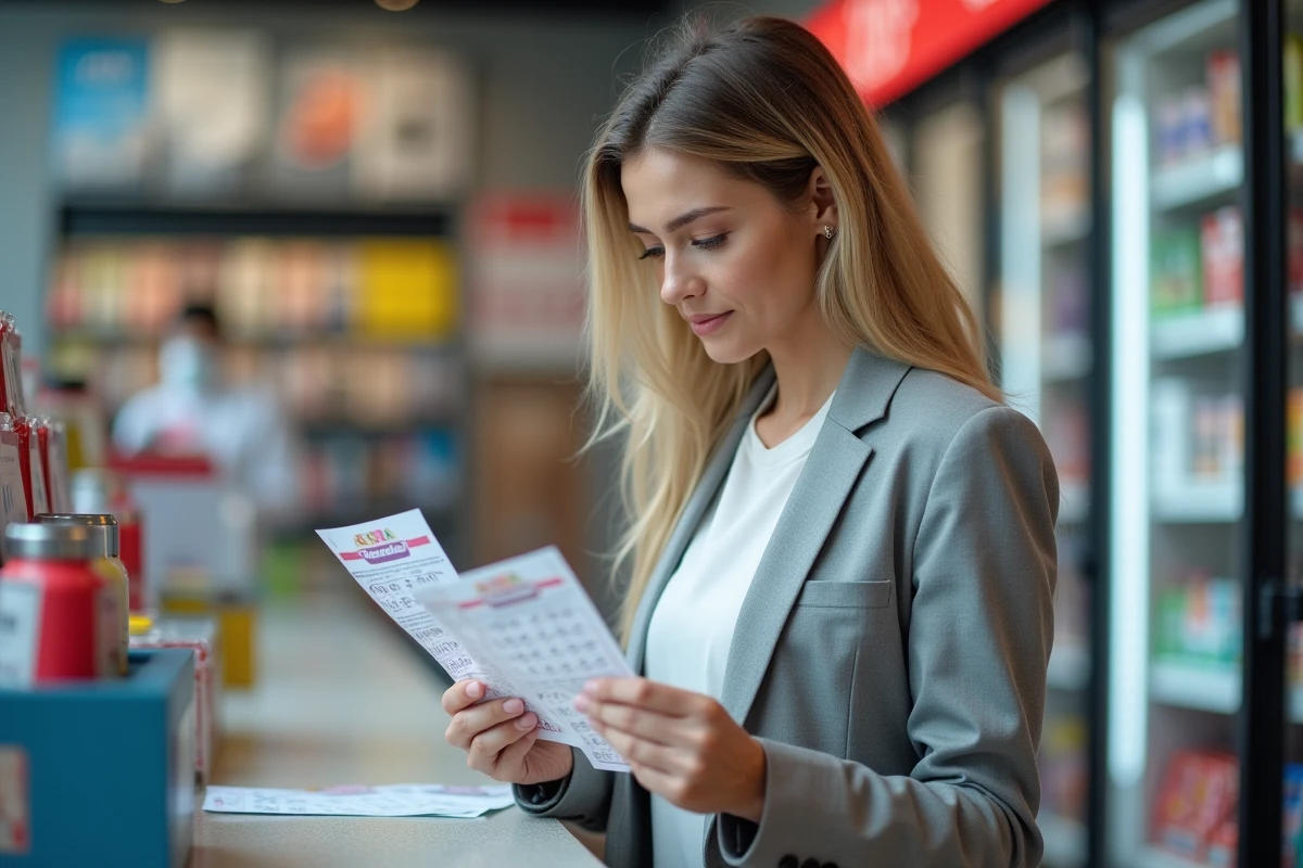 Femme analysant ses bulletins de jeu EuroMillions dans un bureau de tabac, évaluant la rentabilité de l'option Étoile Plus