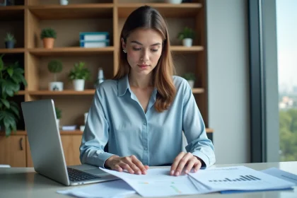 Femme professionnelle examinant documents comptables au bureau