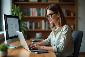 Femme d'âge moyen travaillant sur son ordinateur dans un bureau cosy