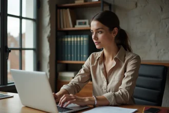 Femme en bureau à domicile travaillant sur son ordinateur