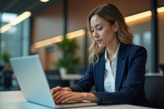 Femme professionnelle configurant des virements bancaires sur Cyberplus Banque Populaire Sud Ouest depuis son ordinateur portable au bureau