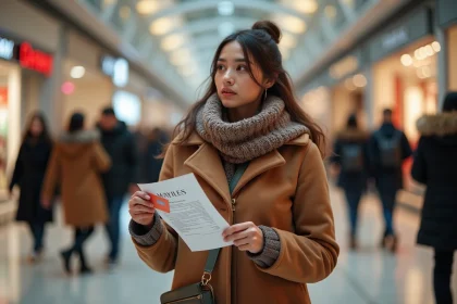 Femme avec carte cadeau Cadhoc dans un centre commercial animé