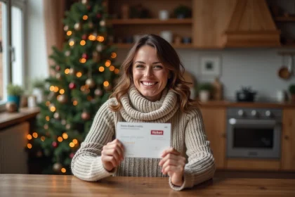 Femme souriante avec bon cadeau de Noël et décorations festives