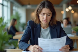 Femme cadre consultant sa fiche de paie dans un bureau moderne, illustrant l'impact de l'inflation sur le salaire moyen en France en 2026