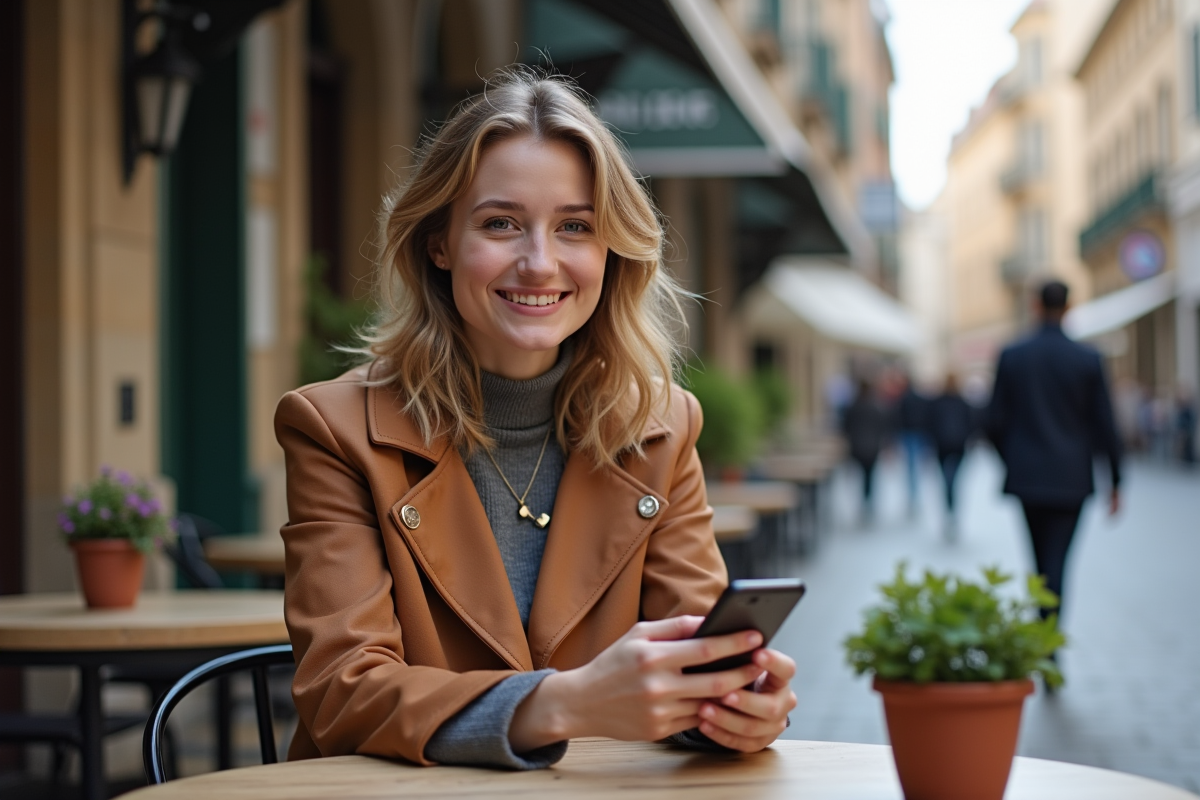 Jeune femme souriante utilisant une application bancaire en extérieur