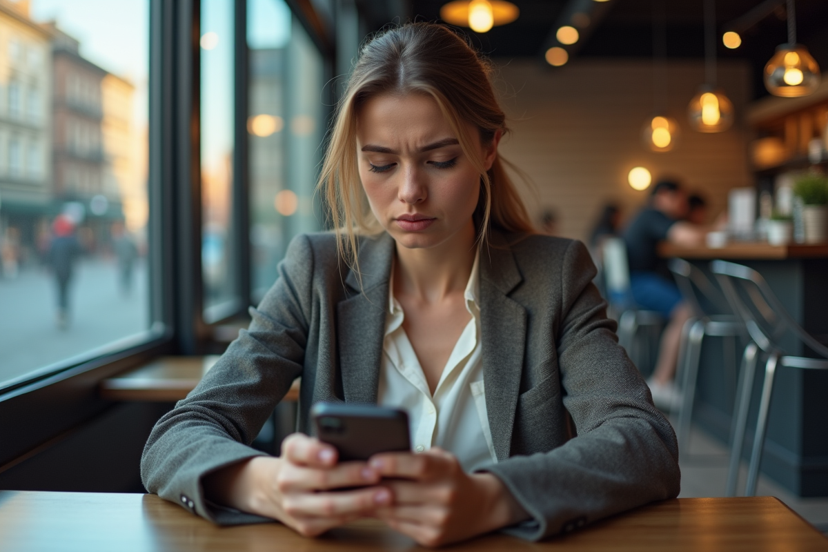 Femme dans un café urbain regardant son smartphone Bitcoin