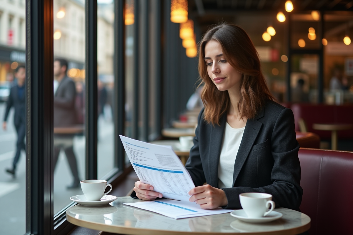 Femme analysant un graphique de courtier au café